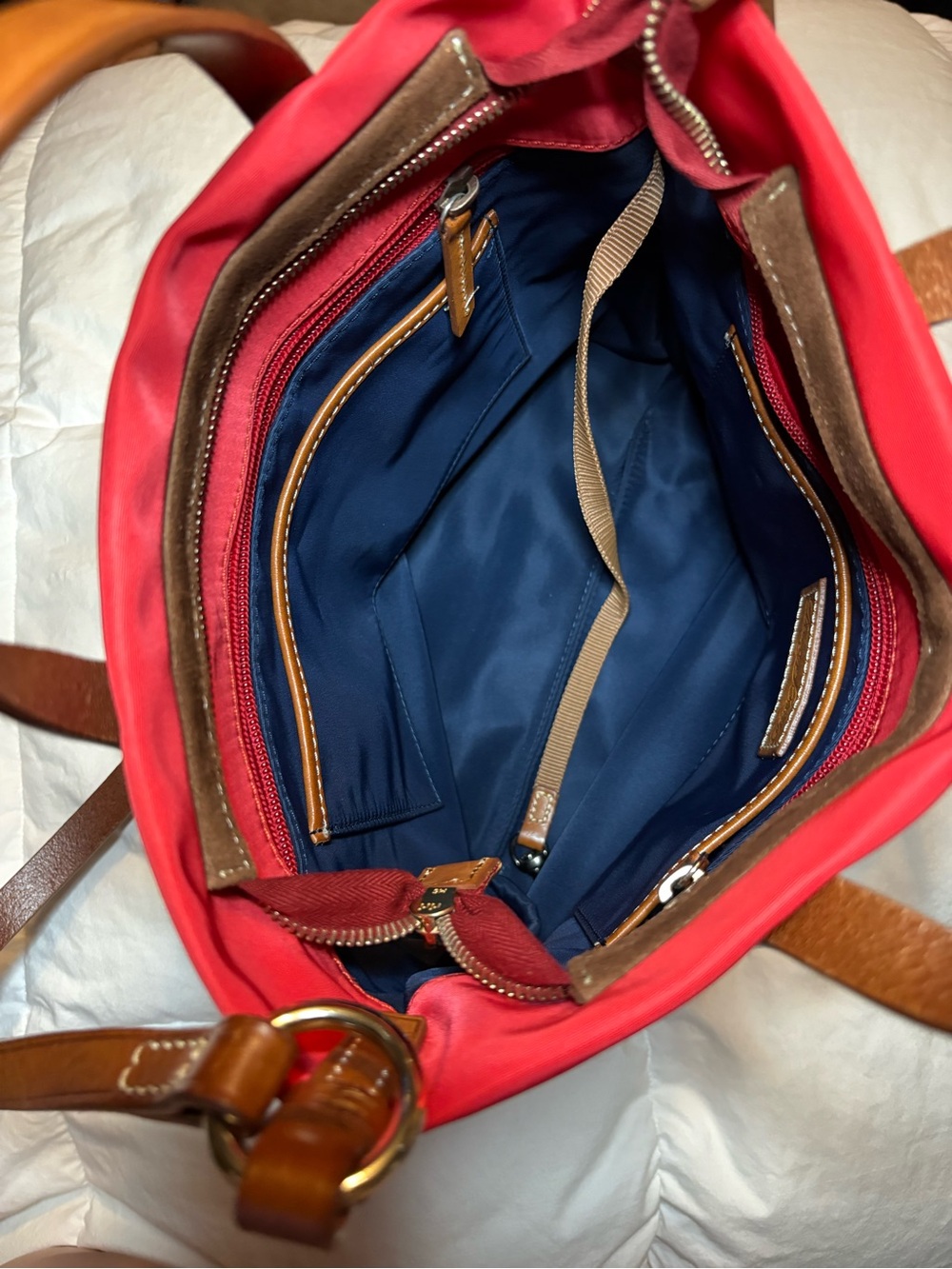 Dooney & Bourke Red Nylon Tote with Brown Leather Accents - Picture 4 of 4
